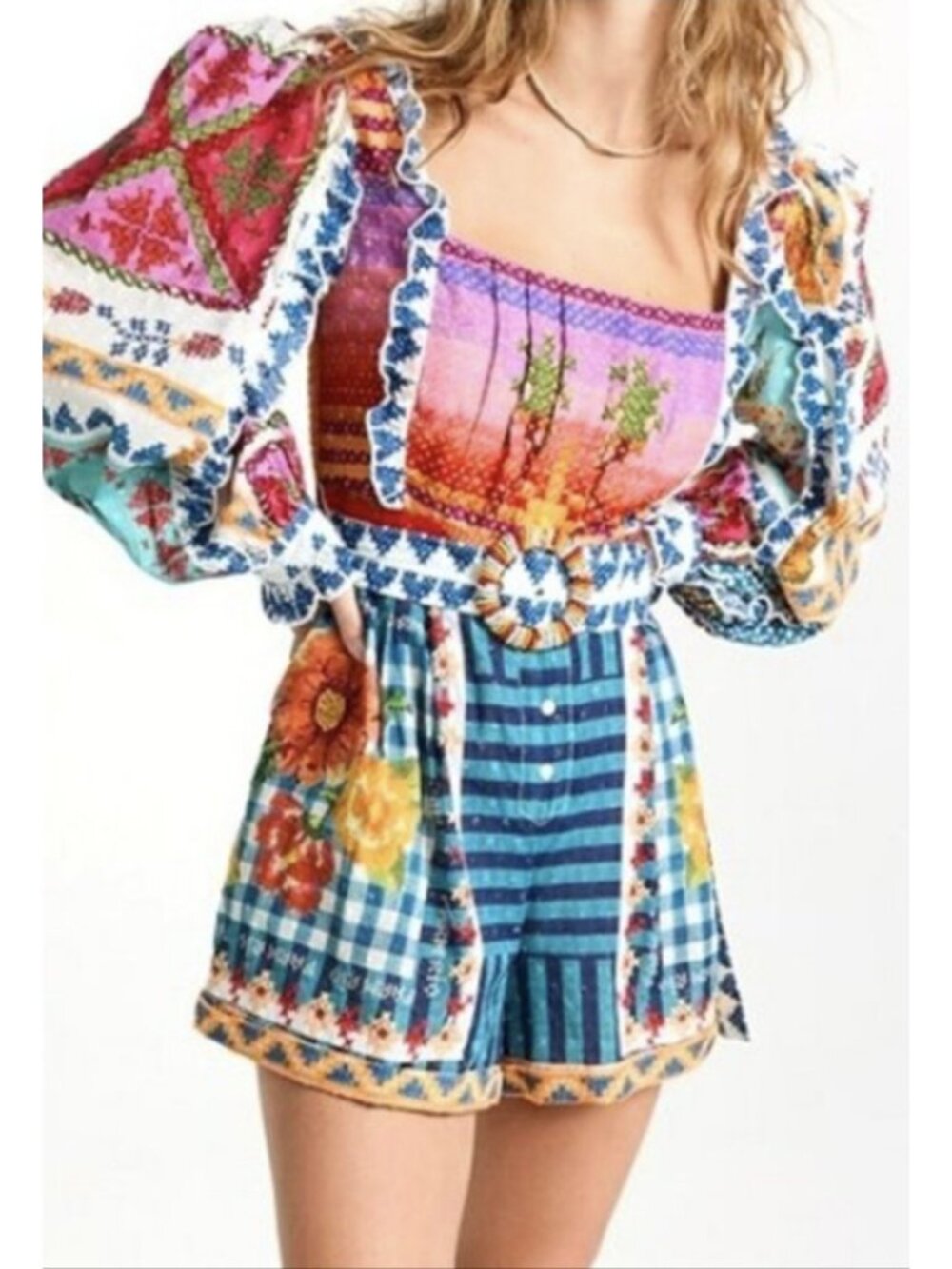 Farm Rio Summer Stitches Romper Shorts Women's L Patchwork Embroidered Boho